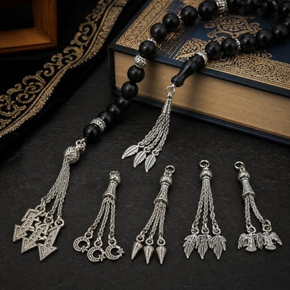 Perlin Silver Metal for Prayer Beads, Set of 5 Tespih Tassel, Tassel, Püskül, Tasbih Tespih Chain, Misbaha Subha Muslim Islamic Rosary Prayer Wor Accessories, 6~7,5 cm
