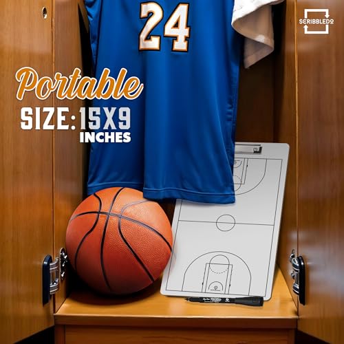 Basketball Dry Erase Coaching Clipboard 15x9 Double Sided Game Board | Wipes Clean No Residue, Double Sided Full Court and Scorebox, Youth to Pro Coaches, Sturdy Surable Lightweight