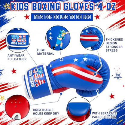 Boxing Gloves and Punching Mitts Set 4oz Gloves Boxing Pads Kids Youth Sparring Gear Training Equipment for Taekwondo Kick Karate Muay Thai MMA Martial Art - style: Blue Hero
