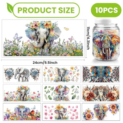 arricraft 10 Sheets UV DTF Cup Wrap Transfer Stickers, 9.45x4.33 Inchs Watercolor Elephant Elephant Mandala Rub on Transfers Decal for 16OZ Glass Cups Furniture Craft Wood DIY Crafts - style: Watercolor Elephant