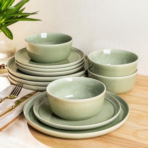 AmorArc Stoneware Dinnerware Sets for 4, 12 Piece Plates and Bowls Sets - color: Oliver Green, size: Service for 4