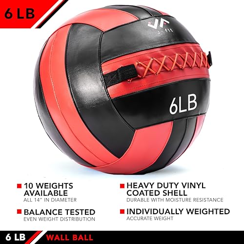 JFit Wall Ball – Premium Soft Weighted Exercise Ball for Strength, Conditioning, Gym & Home Workouts, 4-30 LB - color: Red/Black, style: 6 LB