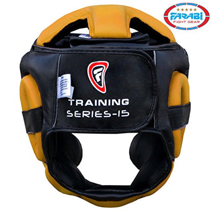 Farabi Sports Boxing headguard Real Leather Sparring Gear MMA Muay Thai Kickboxing Training Punch Head Gear (Large/X Large, Yellow)