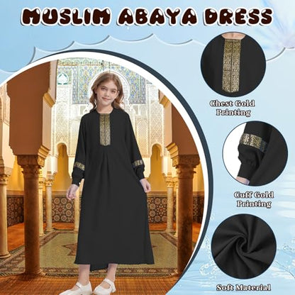 GYQMBT Long Sleeve Muslim Dress for Abaya,Islamic Clothes,Prayer Clothes Robe - color: Black, size: 140 (9-10 Years)