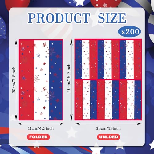 4th of July Napkins, 200Pcs Patriotic Napkins Disposable, Red White and Blue Star Stripe American Flag Paper Hand Towels Fourth of July Napkin for Table Dinner Bathroom Independence Day Party Supplies - color: Red white and blue-Patriotic, size: 200Pcs