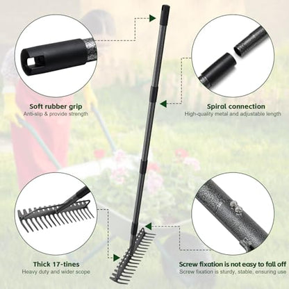 49'' Bow Rake ，17 Tines Metal Head Rakes with Stainless Steel Handle，Heavy Duty Garden Rake for Loosening Soil Gathering Leaf Leveling Lawn Farming Land Management Yarn Thatch Rake - style: 49inch