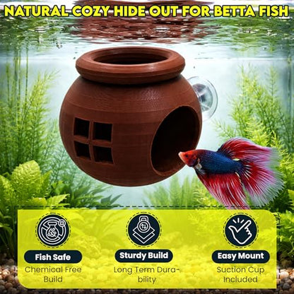Floating Cozy Betta House, Natural Floating Betta Hide Out, Aquarium Hammock, Relaxing & Stress Relief, Suction Cup Included, 2.9" W x 2.6" H - color: Dark Brown