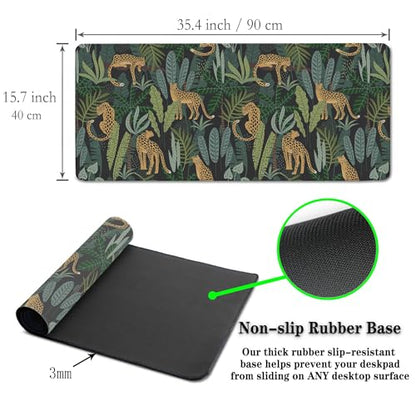 Extra Large Mouse Pad Yellow Green Office Desk Mats Gaming Mousepad Ga Mouse Pad Non-Slip Rubber Base Waterproof with Stitched Edges 35.4" X 15.7" for Game Office, Tropical Leaves - color: Leopard/Tropical Leaves