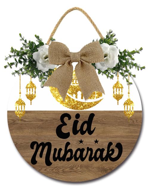 Eid Mubarak Door Sign Ramadan Mubarak Decorations 11inch Round Wooden Muslim Wreaths Decorations Eid Hanging for Islam Party Decorations - color: LW4, size: 11x11inch