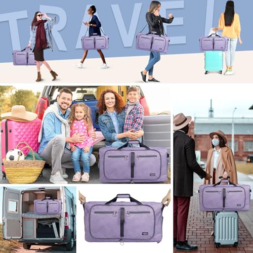 Fmeida 65L Duffle Bag with Shoes Compartment, Foldable Travel Duffel Bags for Men Women, Large Packable Travel Bag Water Repellent & Tear Resistant (Purple) - color: Textured Purple