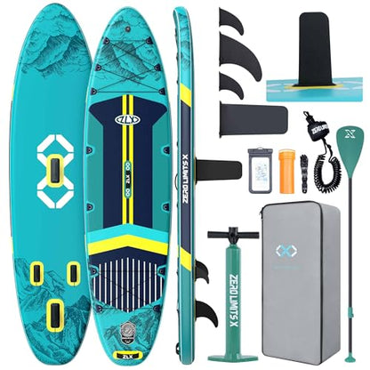 ZLX 11'6"x35" Ultra Wide Inflatable Stand Up Paddle Board | Stable Non-Slip Deck Pad, Unique Fin System, Premium SUP Accessories & Backpack - Upgraded Pump for Adults, All Skill Levels - color: Mint Green