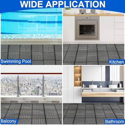 MYFAMIREA Modular Interlocking Cushion 12 Pack 11.8" x 11.8" Rubber Floor Tiles Non-Slip Splicing Drainage Mats for Deck, Pool, Shower, Patio, Balcony, Bathroom, Kitchen, Yard (2 Rows Dots, Black) - size: 12 PCS-2 Rows Dots