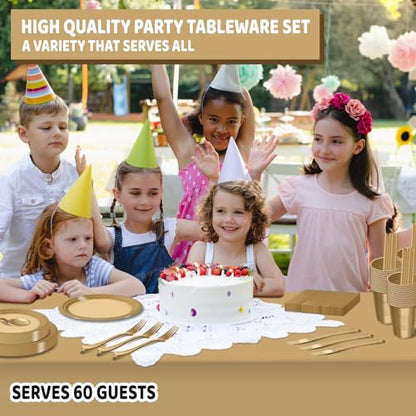 484 Pcs Plastic Dinnerware Set Includes 60 Of Each 9" Dinner Plates |7" Dessert Plates|12 oz Plastic Cups | Napkins|Straws|Spoons, Forks & Knives (Gold, 60 Guests)