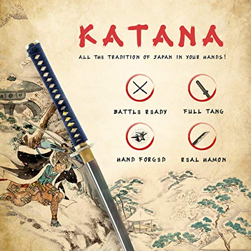 Hand Forged 1045 Carbon Steel Blue Dragon Katana Full Tang Sword | hand-sharpened for tameshigiri, bo-hi groove, openwork guard, navy ito wrap, black saya