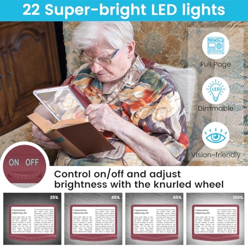 Rechargeable 5X Magnifying Glass for Reading, Large Bright Full Page Magnifier with Light, Handheld LED Dimmable Lighted, Lightweight Book Magnifier for Reading Small Prints Seniors - Red - color: Red