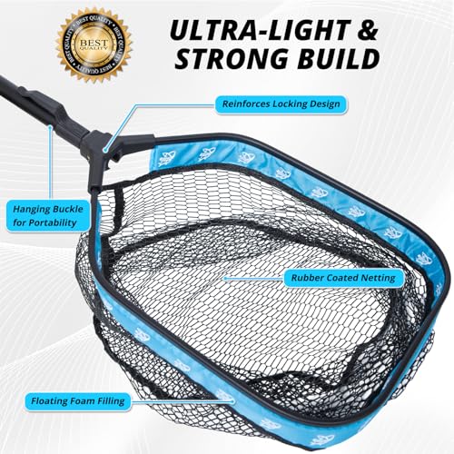 Floating Fishing Net for Fly Fishing, Foldable Landing Net | 31.2" Length, 15"x11.8" Hoop, Fish Net with Rubber Coated Polyethylene Mesh for Bass, Trout, Kayak & Boat Fishing - color: Blue