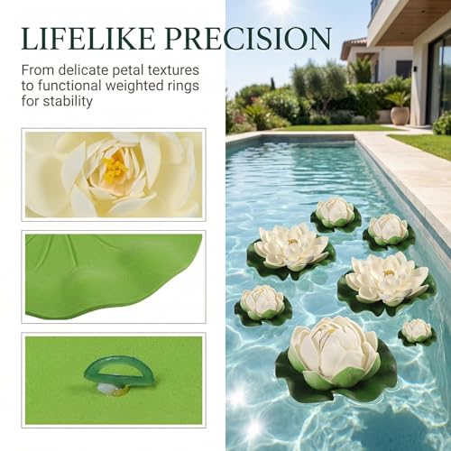 TOYANDONA 6pcs White Artificial Floating Lotus Flowers 7 Inch Lily Pads 2 Large(18cm) + 4 Small(10cm) Water Lily Pads Floating Pond Plants for Pond Pool Home Aquarium Garden Wedding Decor