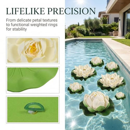 TOYANDONA 6pcs White Artificial Floating Lotus Flowers 7 Inch Lily Pads 2 Large(18cm) + 4 Small(10cm) Water Lily Pads Floating Pond Plants for Pond Pool Home Aquarium Garden Wedding Decor