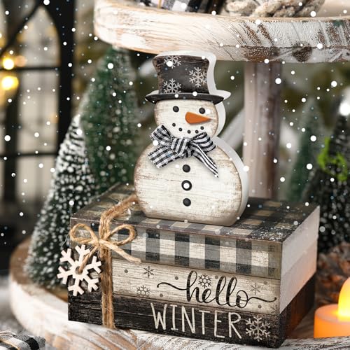 4 Pcs Winter Snowman Decor Hello Winter Table Decorations Christmas Tiered Tray Decor Centerpiece Indoor Rustic Wooden Snowman Block Sign Gift Farmhouse for Home Kitchen Shelf - style: Snowman