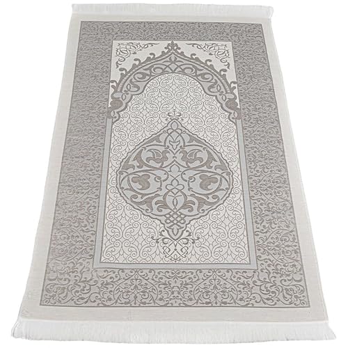 Modefa Luxury Islamic Thin Travel Prayer Mat in Satin Gift Bag - Deluxe 4 Piece Travel Set with Dua Book & Prayer Beads Tesbih - Thin Chenille Turkish Praying Carpet - Eid Gift Set (Grey) - color: Grey