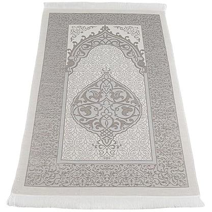 Modefa Luxury Islamic Thin Travel Prayer Mat in Satin Gift Bag - Deluxe 4 Piece Travel Set with Dua Book & Prayer Beads Tesbih - Thin Chenille Turkish Praying Carpet - Eid Gift Set (Grey) - color: Grey