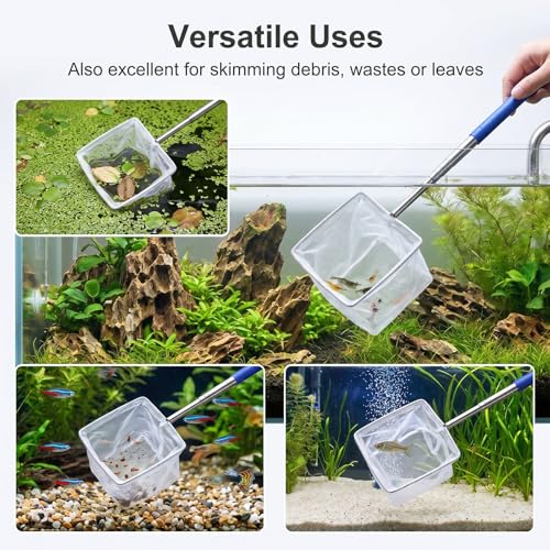 Aquarium Fish Net, 3.3 Inch Small Fish Nets with 8.7" to 39" Long Extendable Stainless Steel Handle & Small Soft Square Fine Mesh Fishs Net for Fishs Tank for Tank & Pond Food Residue Debris Skimming