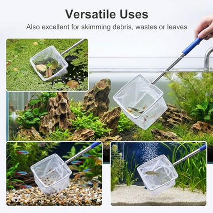 Aquarium Fish Net, 3.3 Inch Small Fish Nets with 8.7" to 39" Long Extendable Stainless Steel Handle & Small Soft Square Fine Mesh Fishs Net for Fishs Tank for Tank & Pond Food Residue Debris Skimming