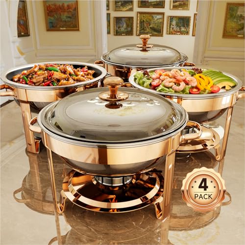 Chafing Dishes for Buffet, 4 Pack 5QT Round Stainless Steel Chafing Dish Set for Home Parties, Christmas Gatherings, Catering Events Complete Buffet Warmer Set (Rose Gold 4) - color: Rose Gold 4