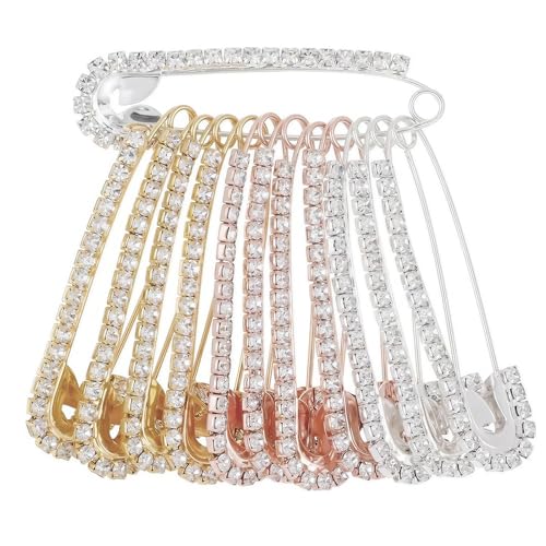 12PCS Rhinestone Safety Pins for Clothes Women - Tighten Jeans Waist, Fix Clothing No Sewing, Decorative Brooch Pins for Hats Bags Shawl
