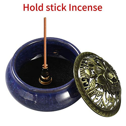 Miupoo Incense Burner and Cone Incense Holder with Brass Incense Stick Holder Ceramic Ash Catcher (Dark Blue) - color: Dark Blue