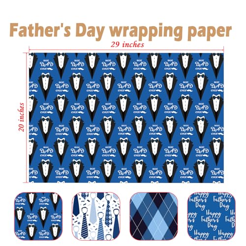 Cuitpan Father's Day Wrapping Paper - Blue Gift Wrap for Men With Happy Father's Day,Suit, tie, Hat, Mustache and Plaid Design - 20×29 Inches, 8 Folded Sheets Easy to Store - color: Blue-Father's Day
