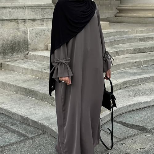 ODIZLI Women's Abaya Muslim Long Sleeve Tie Cuffs Prayer Dress Arabic Kaftan Dubai Turkey Islamic Dresses - color: Dark Gray, size: X-Large