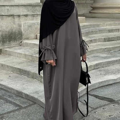 ODIZLI Women's Abaya Muslim Long Sleeve Tie Cuffs Prayer Dress Arabic Kaftan Dubai Turkey Islamic Dresses - color: Dark Gray, size: X-Large