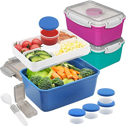 shopwithgreen LARGER Salad Containers To Go for Lunch (3 Pack), Bento Box with Dressing Pots & 5-Compartment Removable Tray, Microwave and Dishwasher Safe, BPA-free, 64 oz - color: Dark Green&Rose Red&Dark Blue
