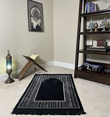Modefa Islamic Prayer Rug - Double Plush Large & Wide Velvet Carpet - Traditional Muslim Janamaz - Thick Turkish Prayer Mat for Men & Women- Ramadan or Eid Gift - Tribal (Mihrab Black)
