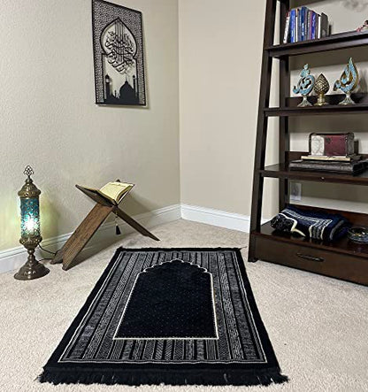 Modefa Islamic Prayer Rug - Double Plush Large & Wide Velvet Carpet - Traditional Muslim Janamaz - Thick Turkish Prayer Mat for Men & Women- Ramadan or Eid Gift - Tribal (Mihrab Black)