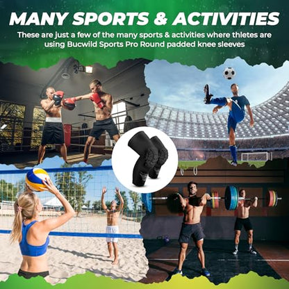 Bucwild Sports Pro Compression Padded Knee Sleeves Knee Pads Youth & Adult Basketball Football Wrestling Volleyball 1 Pair - color: Black, size: Adult XL