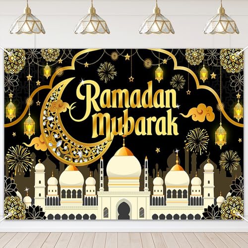 Mocsicka Ramadan Mubarak Decorations Backdrop Blue Gold Muslim Ramadan Kareem Banner Eid Mubarak for Home Muslim Party Supplies (Black, 7x5ft) - color: Black, size: 7x5ft