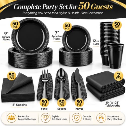 Tinybee 352 Pcs Black Plastic Plates, Disposable Dinnerware Set for 50 - color: Black