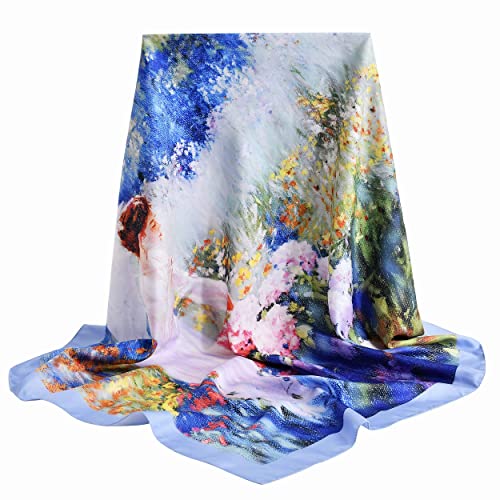 100% Mulberry Silk Scarf-Printed or Solid Color 35” Square Large Silk Hair Head Wrap Scarf With Gift Box Package - color: Angel Among the Flowers
