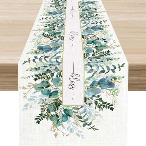 Eucalyptus Table Runner, Seasonal Floral Sage Blue Spring Summer Green Plants Holiday Kitchen Dining Table Decoration for Home Party Decor 13"x36" - color: Tr-eucal07, size: 13x36" Table Runner