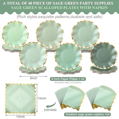 Havawish 48 Pcs Sage Green Scalloped Party Paper Plates and Napkins Cocktail Disposable 8'' Sage Green Dessert Paper Plates with Gold Foil Edge for Baby Shower Dinner Wedding Birthday Party Supplies - color: Sage Green