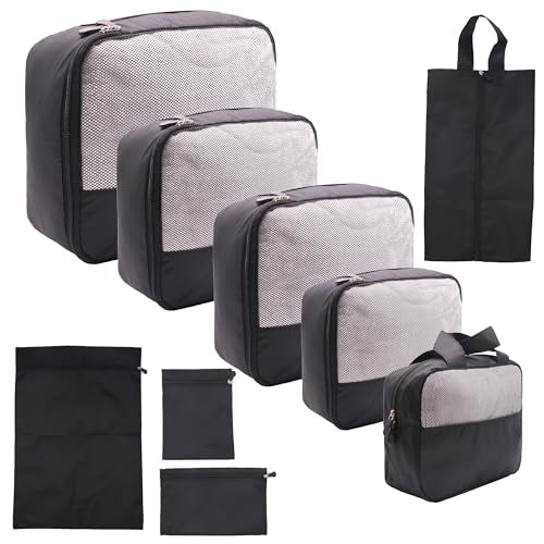 DoubleTrip 9-Piece Black Travel Organizer Set with 4 Packing Cubes, Cosmetic Organizer, Shoe & Electronics Pouches, and Accessories & Laundry Bag for Luggage Storage & Travel Essentials - color: 9 Set - Black