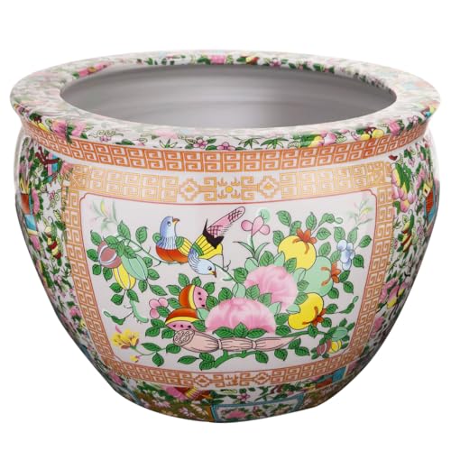 Rose Medallion Asian Fishbowl Cachepot Planter for Indoor or Outdoor Garden