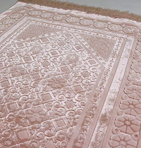 Modefa Velvet Prayer Rug with Prayer Beads Turkish Janamaz Sajadah Floral Stamp Luxury Plush (Light Pink) - color: Light Pink