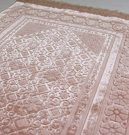 Modefa Velvet Prayer Rug with Prayer Beads Turkish Janamaz Sajadah Floral Stamp Luxury Plush (Light Pink) - color: Light Pink