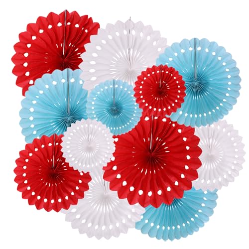 ZOOYOO Hanging Paper Fans Party Decorations,12 Pcs Red White Blue Honeycomb Round Fans,Ceiling Decor for Birthday,Wedding,Sport,Dr Party Backdrop - color: Red Blue White