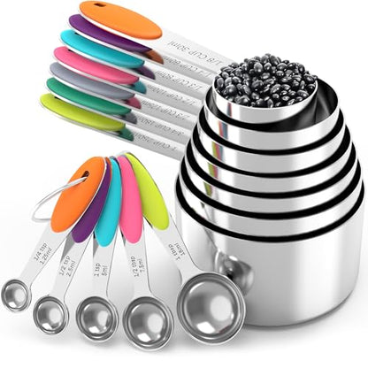 Nesting Measuring Cups and Spoons Set, Stainless Steel with Soft Silicone Handle – Heavy Duty & Dishwasher Safe for Measuring Dry/Liquid Ingredients, Ideal for Cooking & Baking (12)