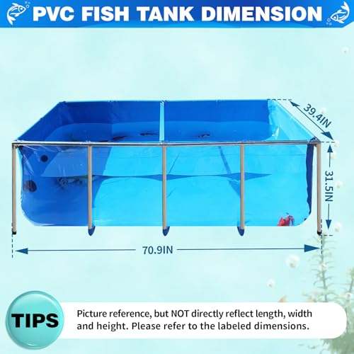 PVC KOI Aquarium Tank, Temporary Fish Tank with Clear Viewing Panel, KOI/Goldfish Pond with 304SS Frame & Drain Valve(70.9" L*39.4" W*31.5" H, About 345Gal Water Capacity) - size: 70.9INCH