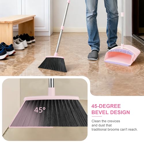 BSKLIN Broom and Dustpan Set, 52” Long Adjustable Handle Broom with Dustpan Combo Set with Dust Pan Teeth to Clean Hair for Home Lobby Office Kitchen (Small-Pink-Purple) - size: Small-pink-purple